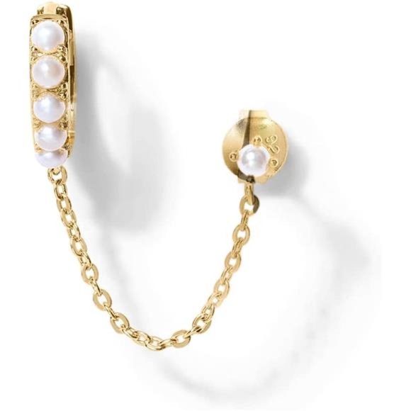 14K Gold Chain Earrings Womens Double Piercing Dangle Chain Huggie Hoop Earrings - Picture 4 of 5